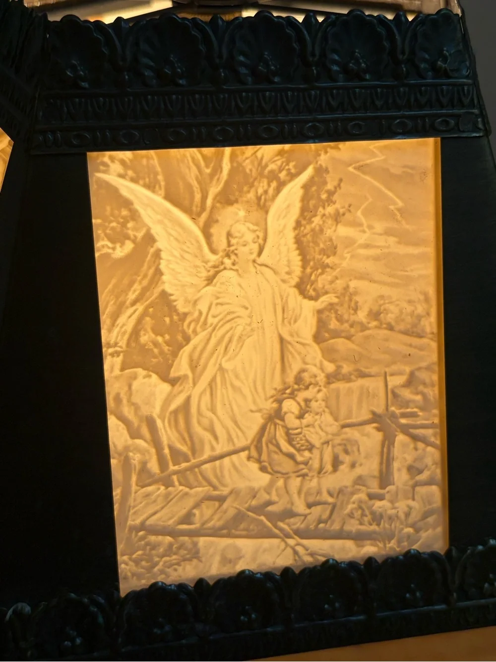 Vintage Lithophane Panel Table Lamp Cherub Angel Art Nouveau Victorian Revival